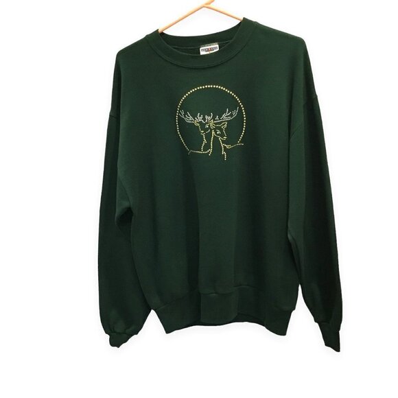 Jerzees Christmas Reindeer Sweatshirt Long Sleeve Pullover Crew Neck Green Large - Picture 1 of 5